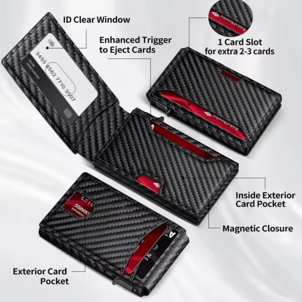 TANGMO Business Card Holder for Men, RFID Blocking Slim Wallet with Aluminum Alloy, PU Leather, Quick Access Pop-Up Design, Black