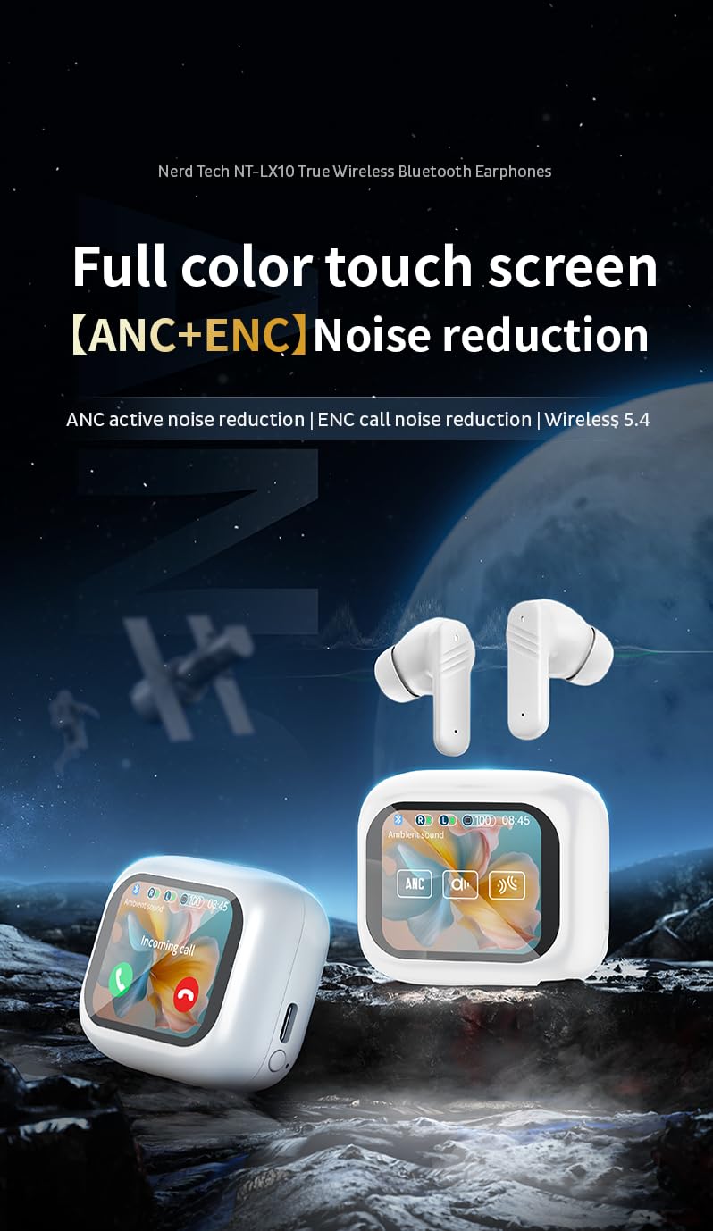 Touch Screen Earbud - Wireless Bluetooth 5.4 Earbuds Noise Cancelling Touchscreen Earbuds - Digital Display Headset Ideal for Sports Earphones - Waterproof Bluetooth (White)