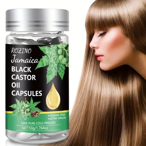 50pcs/box Black Castor Oil Capsules, Containing Arginine Oil, Castor Oil And Vitamin A, C, E Pro Vit B5 Natural Hair Essence Capsules, Suitable For All Hair Types, Smooth Hair Essence